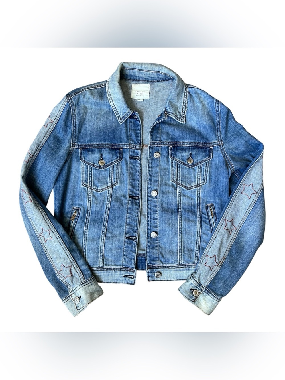 American Eagle Outfitter Denim Jean Jacket with Red Stars on sleeves size M